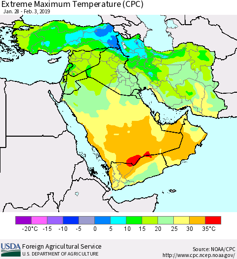 Middle East and Turkey Maximum Daily Temperature (CPC) Thematic Map For 1/28/2019 - 2/3/2019