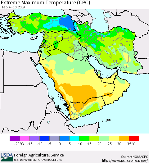 Middle East and Turkey Maximum Daily Temperature (CPC) Thematic Map For 2/4/2019 - 2/10/2019