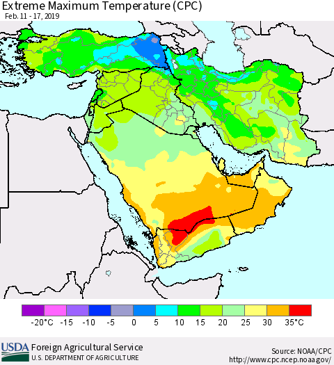 Middle East and Turkey Maximum Daily Temperature (CPC) Thematic Map For 2/11/2019 - 2/17/2019