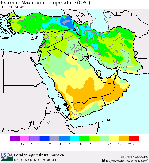 Middle East and Turkey Maximum Daily Temperature (CPC) Thematic Map For 2/18/2019 - 2/24/2019