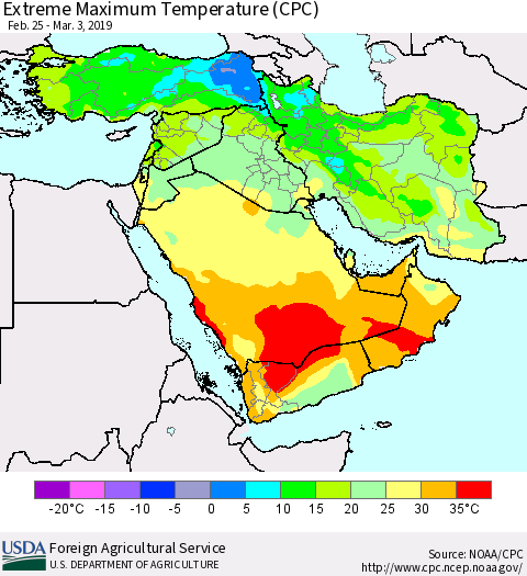 Middle East and Turkey Maximum Daily Temperature (CPC) Thematic Map For 2/25/2019 - 3/3/2019
