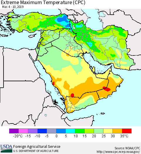 Middle East and Turkey Maximum Daily Temperature (CPC) Thematic Map For 3/4/2019 - 3/10/2019