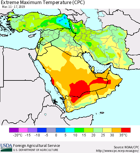 Middle East and Turkey Maximum Daily Temperature (CPC) Thematic Map For 3/11/2019 - 3/17/2019