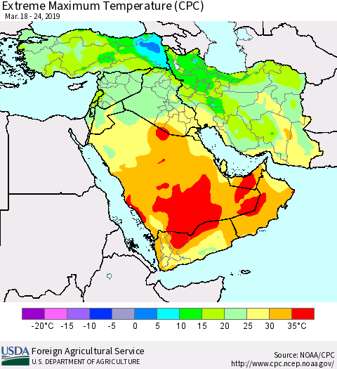 Middle East and Turkey Maximum Daily Temperature (CPC) Thematic Map For 3/18/2019 - 3/24/2019