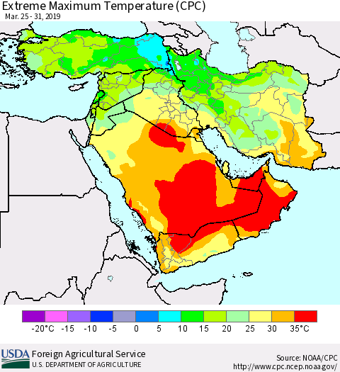 Middle East and Turkey Maximum Daily Temperature (CPC) Thematic Map For 3/25/2019 - 3/31/2019