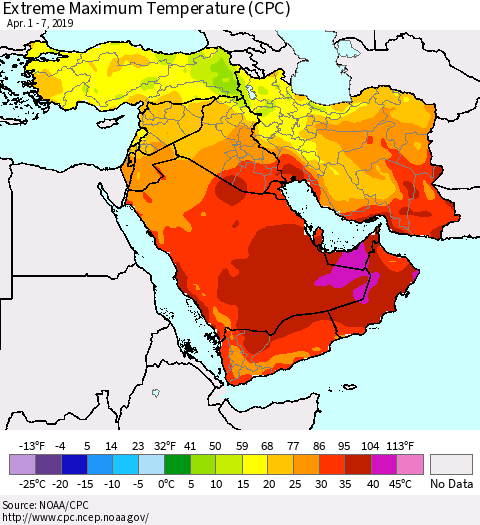Middle East and Turkey Maximum Daily Temperature (CPC) Thematic Map For 4/1/2019 - 4/7/2019