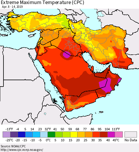 Middle East and Turkey Maximum Daily Temperature (CPC) Thematic Map For 4/8/2019 - 4/14/2019