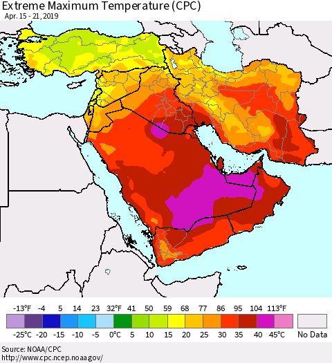 Middle East and Turkey Maximum Daily Temperature (CPC) Thematic Map For 4/15/2019 - 4/21/2019