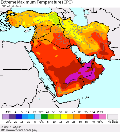 Middle East and Turkey Maximum Daily Temperature (CPC) Thematic Map For 4/22/2019 - 4/28/2019