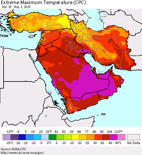 Middle East and Turkey Maximum Daily Temperature (CPC) Thematic Map For 4/29/2019 - 5/5/2019
