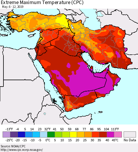 Middle East and Turkey Maximum Daily Temperature (CPC) Thematic Map For 5/6/2019 - 5/12/2019