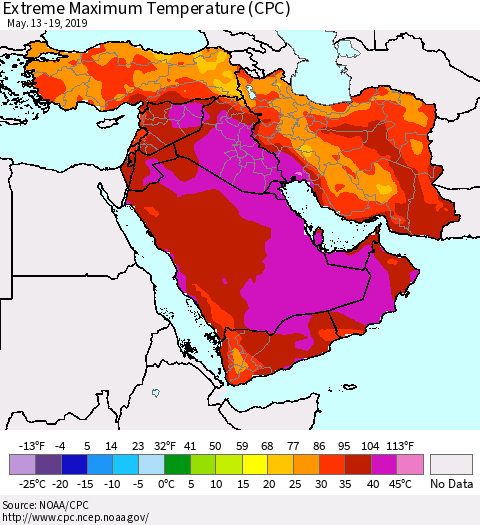 Middle East and Turkey Maximum Daily Temperature (CPC) Thematic Map For 5/13/2019 - 5/19/2019