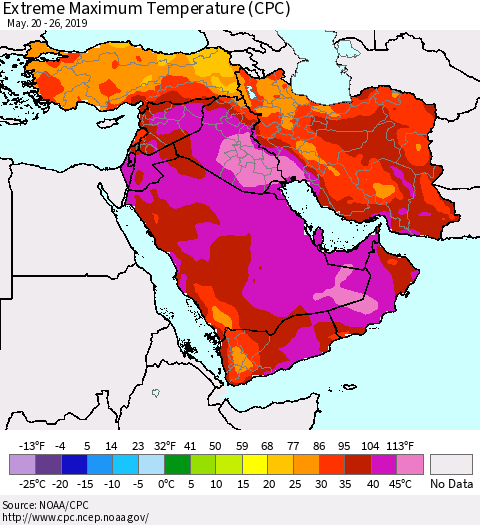 Middle East and Turkey Maximum Daily Temperature (CPC) Thematic Map For 5/20/2019 - 5/26/2019