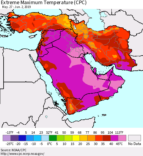 Middle East and Turkey Maximum Daily Temperature (CPC) Thematic Map For 5/27/2019 - 6/2/2019