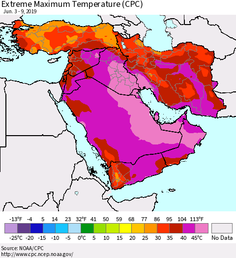 Middle East and Turkey Maximum Daily Temperature (CPC) Thematic Map For 6/3/2019 - 6/9/2019