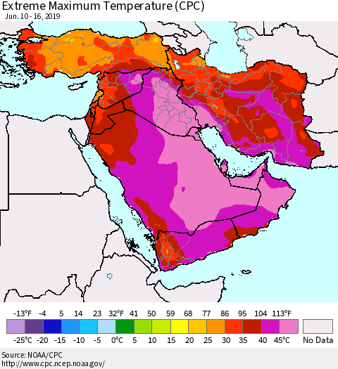 Middle East and Turkey Maximum Daily Temperature (CPC) Thematic Map For 6/10/2019 - 6/16/2019