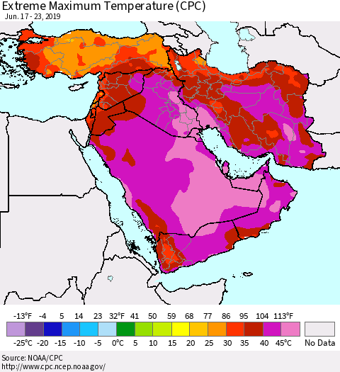Middle East and Turkey Maximum Daily Temperature (CPC) Thematic Map For 6/17/2019 - 6/23/2019