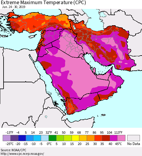 Middle East and Turkey Maximum Daily Temperature (CPC) Thematic Map For 6/24/2019 - 6/30/2019