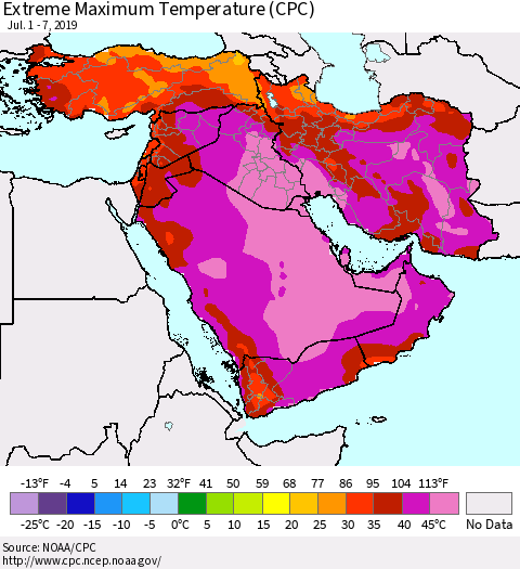 Middle East and Turkey Maximum Daily Temperature (CPC) Thematic Map For 7/1/2019 - 7/7/2019