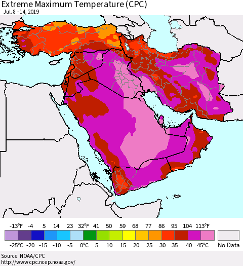Middle East and Turkey Maximum Daily Temperature (CPC) Thematic Map For 7/8/2019 - 7/14/2019