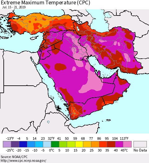 Middle East and Turkey Maximum Daily Temperature (CPC) Thematic Map For 7/15/2019 - 7/21/2019