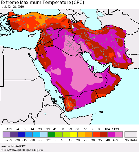 Middle East and Turkey Maximum Daily Temperature (CPC) Thematic Map For 7/22/2019 - 7/28/2019