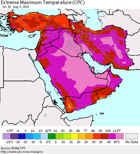 Middle East and Turkey Maximum Daily Temperature (CPC) Thematic Map For 7/29/2019 - 8/4/2019