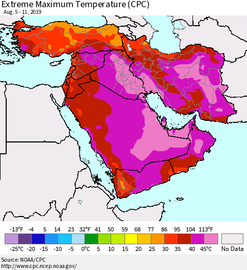 Middle East and Turkey Maximum Daily Temperature (CPC) Thematic Map For 8/5/2019 - 8/11/2019