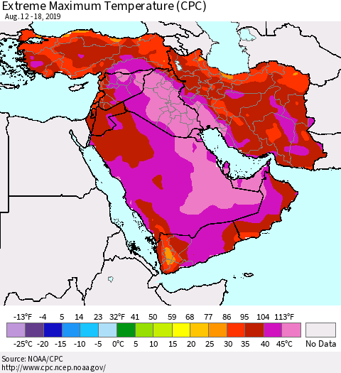 Middle East and Turkey Maximum Daily Temperature (CPC) Thematic Map For 8/12/2019 - 8/18/2019