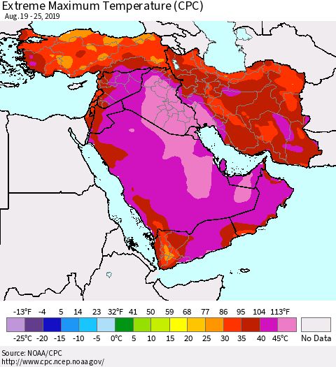 Middle East and Turkey Maximum Daily Temperature (CPC) Thematic Map For 8/19/2019 - 8/25/2019