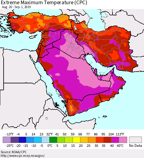 Middle East and Turkey Maximum Daily Temperature (CPC) Thematic Map For 8/26/2019 - 9/1/2019