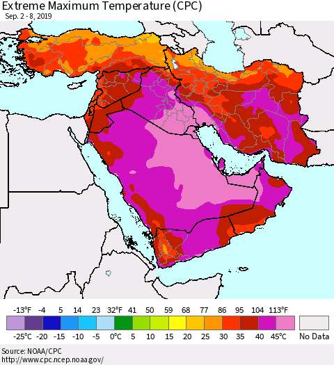 Middle East and Turkey Maximum Daily Temperature (CPC) Thematic Map For 9/2/2019 - 9/8/2019