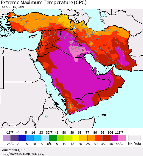 Middle East and Turkey Maximum Daily Temperature (CPC) Thematic Map For 9/9/2019 - 9/15/2019