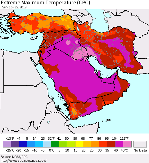 Middle East and Turkey Maximum Daily Temperature (CPC) Thematic Map For 9/16/2019 - 9/22/2019