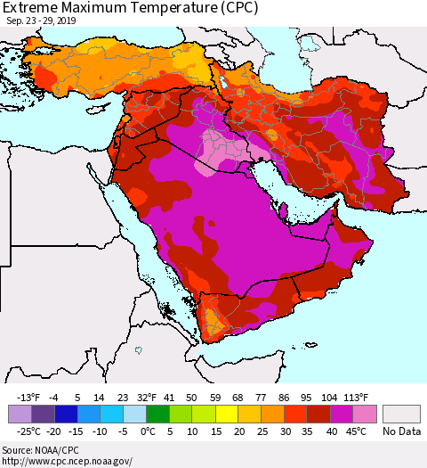 Middle East and Turkey Maximum Daily Temperature (CPC) Thematic Map For 9/23/2019 - 9/29/2019