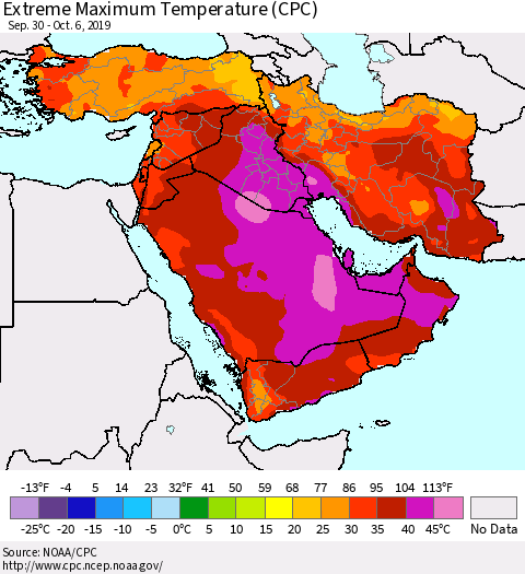Middle East and Turkey Maximum Daily Temperature (CPC) Thematic Map For 9/30/2019 - 10/6/2019