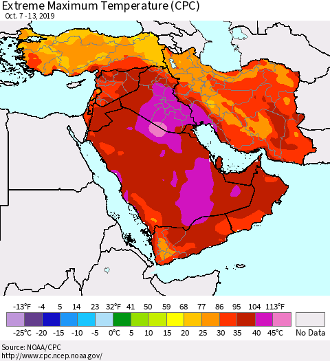 Middle East and Turkey Maximum Daily Temperature (CPC) Thematic Map For 10/7/2019 - 10/13/2019