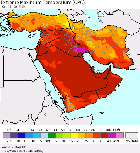 Middle East and Turkey Maximum Daily Temperature (CPC) Thematic Map For 10/14/2019 - 10/20/2019