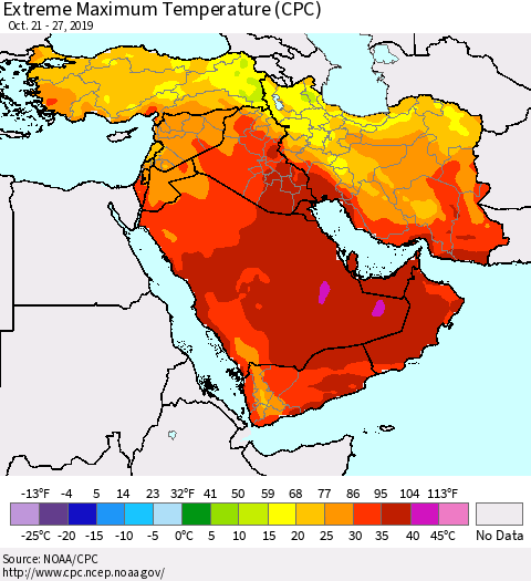 Middle East and Turkey Maximum Daily Temperature (CPC) Thematic Map For 10/21/2019 - 10/27/2019