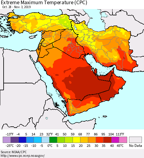 Middle East and Turkey Maximum Daily Temperature (CPC) Thematic Map For 10/28/2019 - 11/3/2019