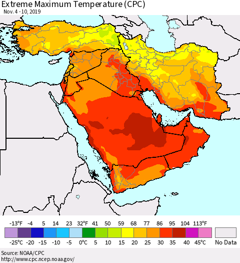 Middle East and Turkey Maximum Daily Temperature (CPC) Thematic Map For 11/4/2019 - 11/10/2019