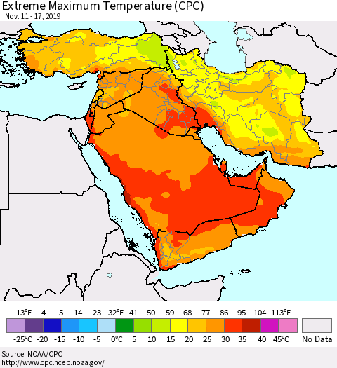 Middle East and Turkey Maximum Daily Temperature (CPC) Thematic Map For 11/11/2019 - 11/17/2019