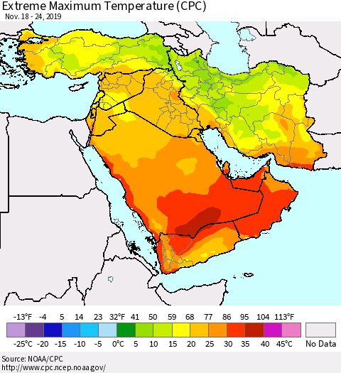 Middle East and Turkey Maximum Daily Temperature (CPC) Thematic Map For 11/18/2019 - 11/24/2019