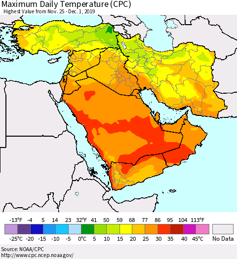 Middle East and Turkey Maximum Daily Temperature (CPC) Thematic Map For 11/25/2019 - 12/1/2019