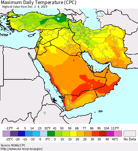 Middle East and Turkey Maximum Daily Temperature (CPC) Thematic Map For 12/2/2019 - 12/8/2019