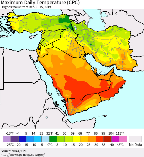 Middle East and Turkey Maximum Daily Temperature (CPC) Thematic Map For 12/9/2019 - 12/15/2019