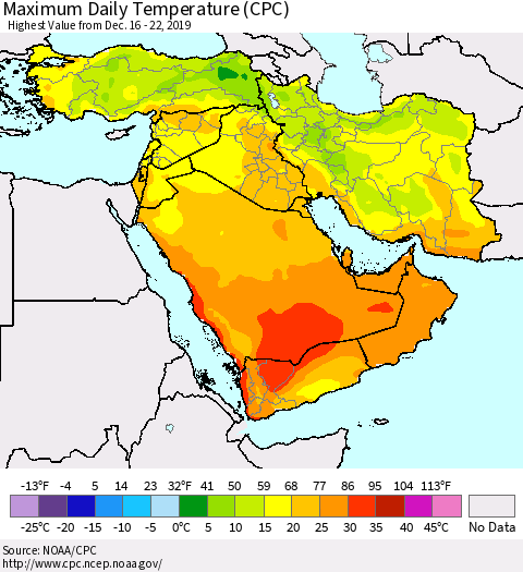Middle East and Turkey Maximum Daily Temperature (CPC) Thematic Map For 12/16/2019 - 12/22/2019
