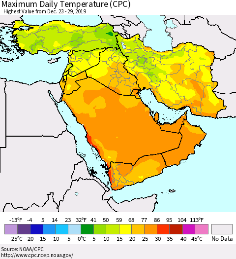 Middle East and Turkey Maximum Daily Temperature (CPC) Thematic Map For 12/23/2019 - 12/29/2019