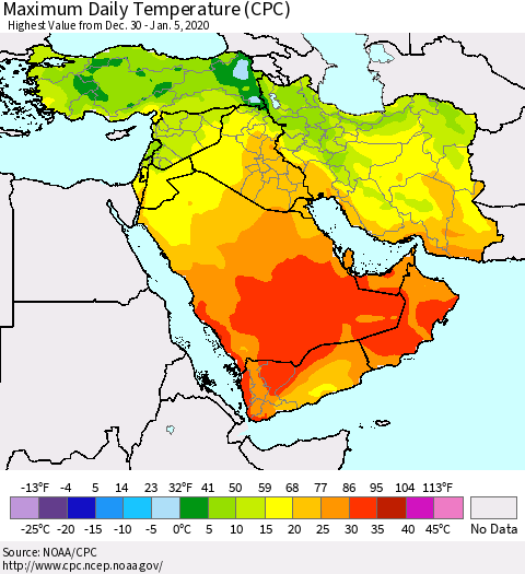 Middle East and Turkey Maximum Daily Temperature (CPC) Thematic Map For 12/30/2019 - 1/5/2020
