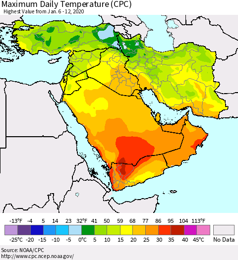 Middle East and Turkey Maximum Daily Temperature (CPC) Thematic Map For 1/6/2020 - 1/12/2020